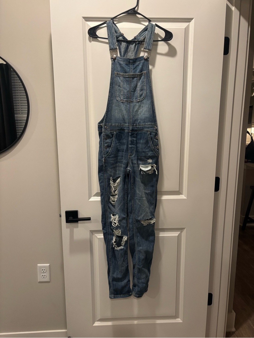 American Eagle Outfitters Distressed Blue Denim Overalls